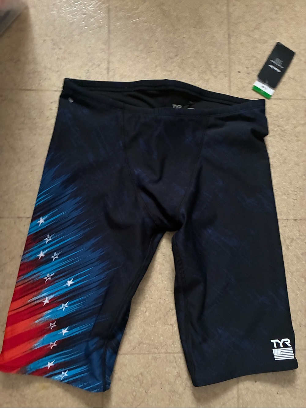 TYR Men’s Navy Blue Red Stars Jammer Swim Briefs size L